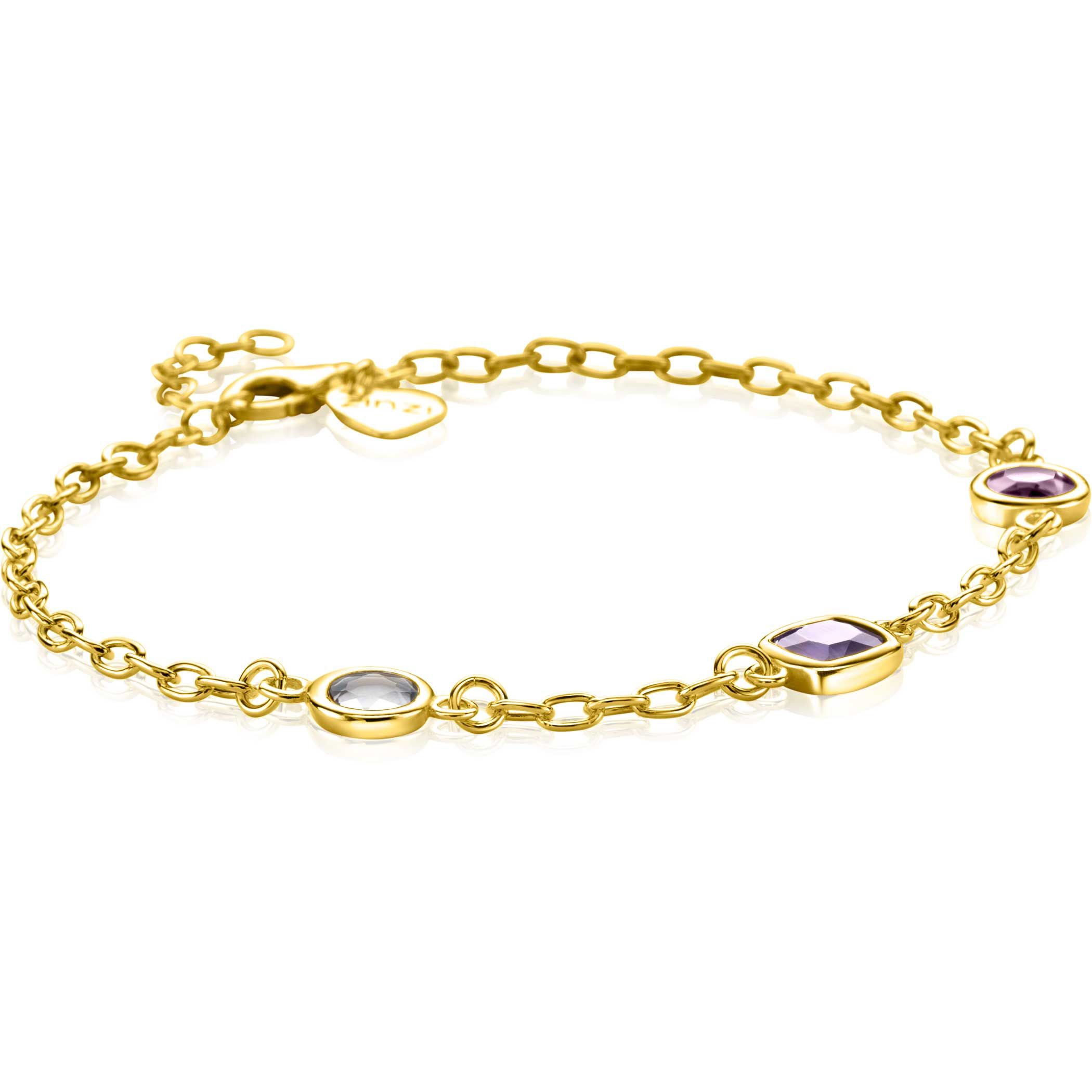 ZINZI gold plated zilveren schakelarmband met ronde en vierkante zettingen pastel en paars 17-20cm ZIA2525G
