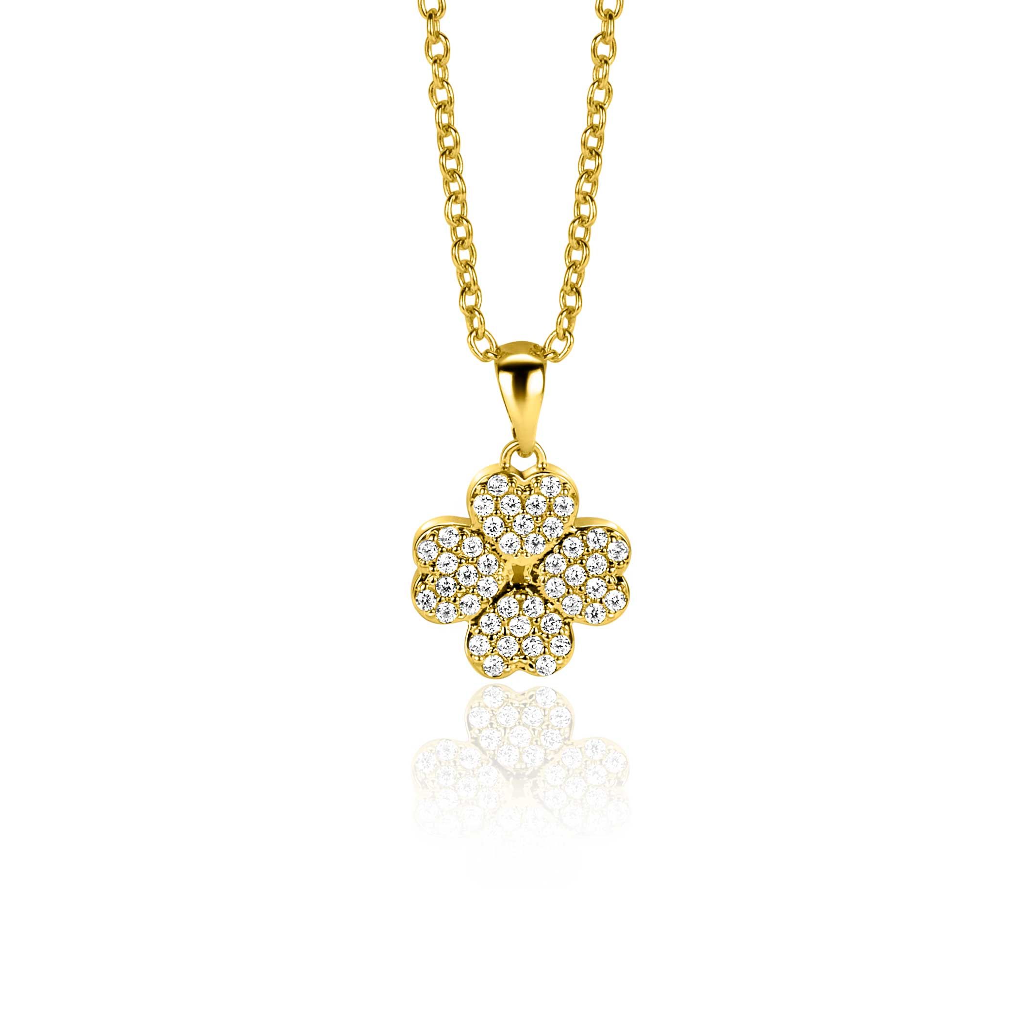 16mm ZINZI gold plated zilveren klaver vier hanger bezet met witte zirconia's ZIH2618 (zonder collier)