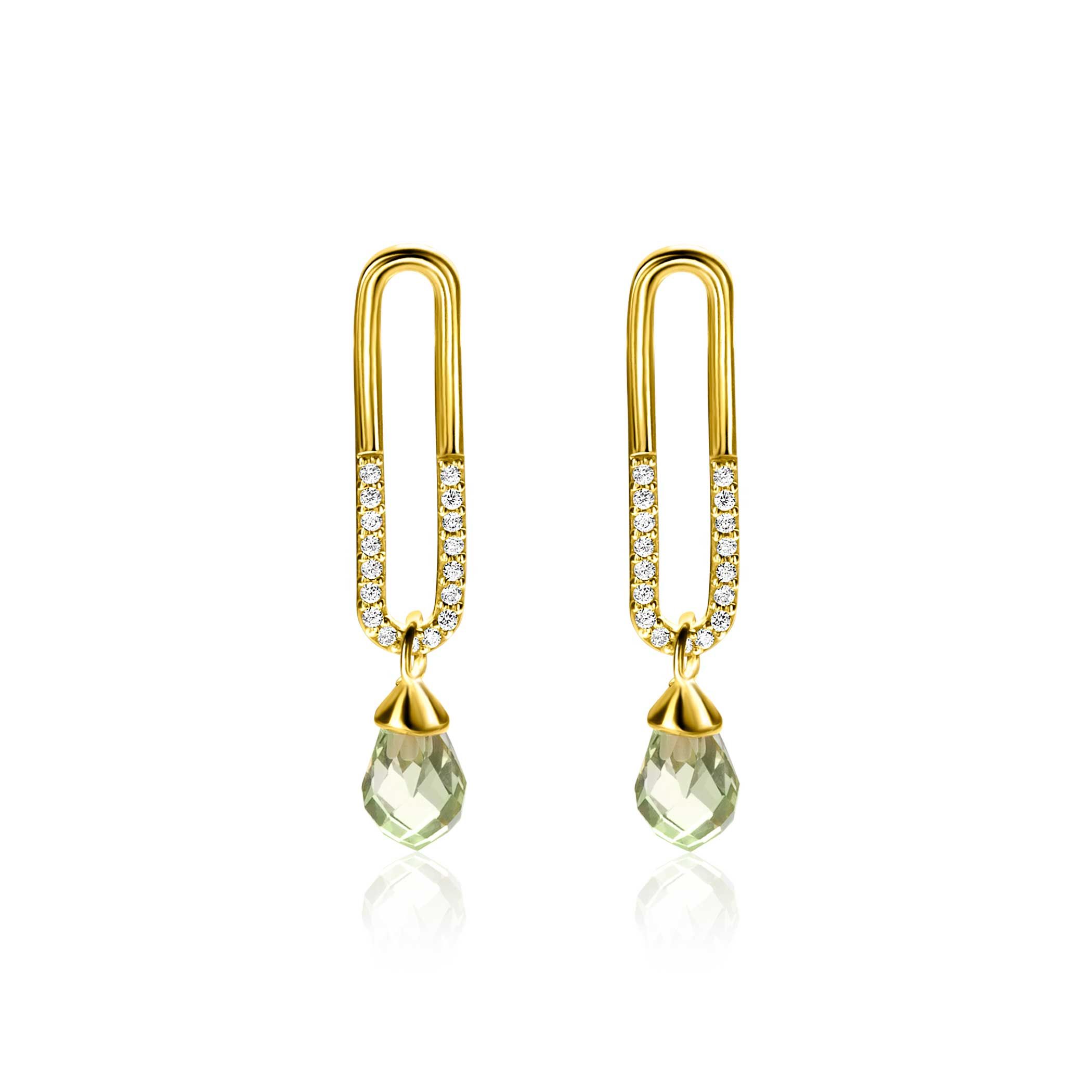30mm ZINZI gold plated zilveren oorstekers met trendy open ovale vorm en peervormige hanger groen peridot ZIO2430