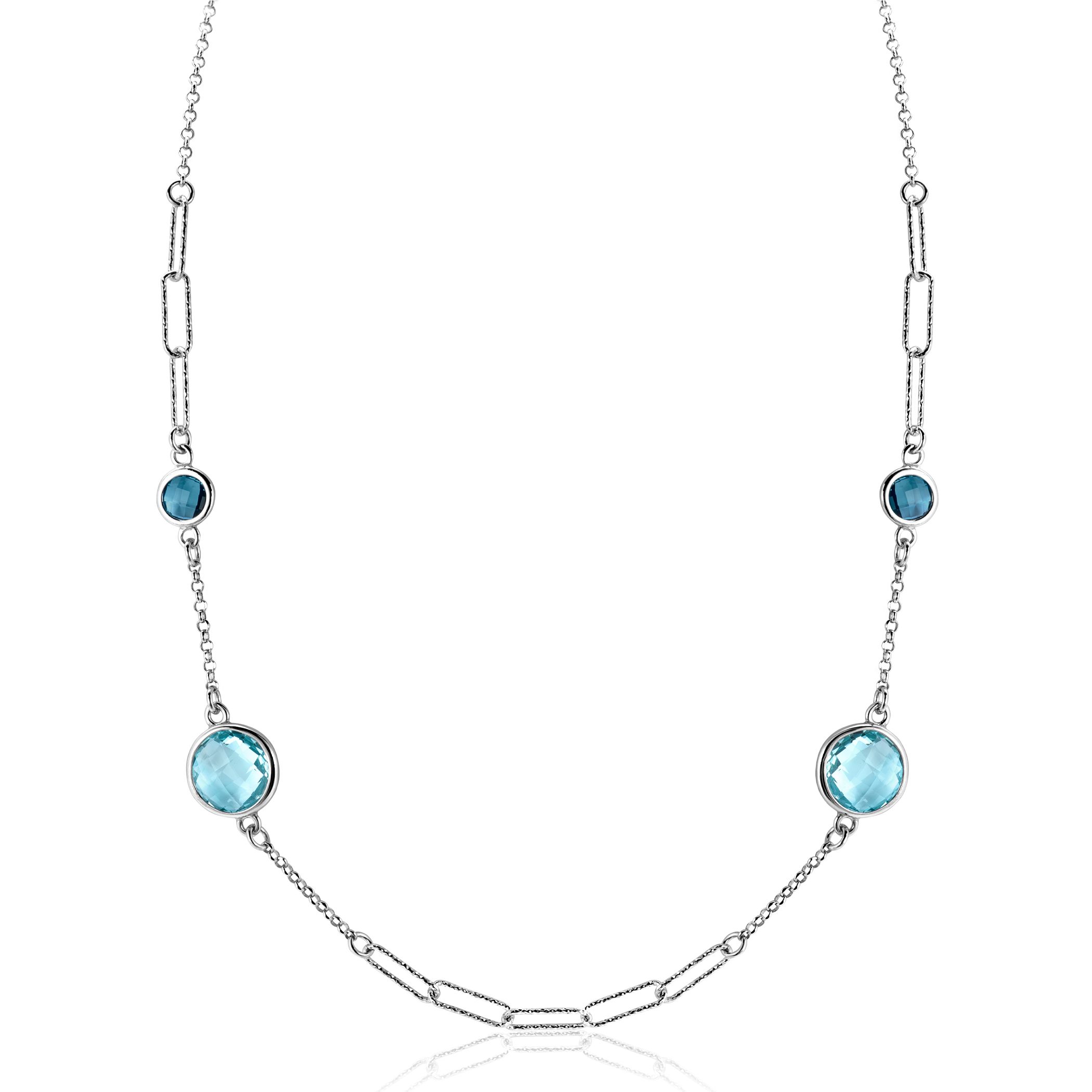 ZINZI zilveren fantasie ketting met paperclip schakels en vier ronde zettingen bezet met licht blauwe en indigo blauwe kleurstenen 40-45cm ZIC2418
