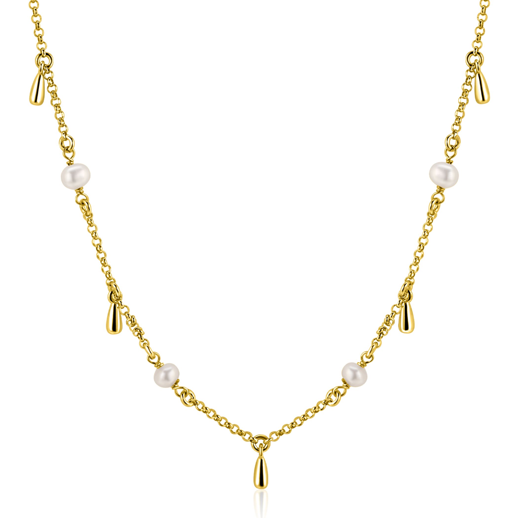 ZINZI gold plated zilveren ketting met witte zoetwaterparels en druppeltjes 42-45cm ZIC2753