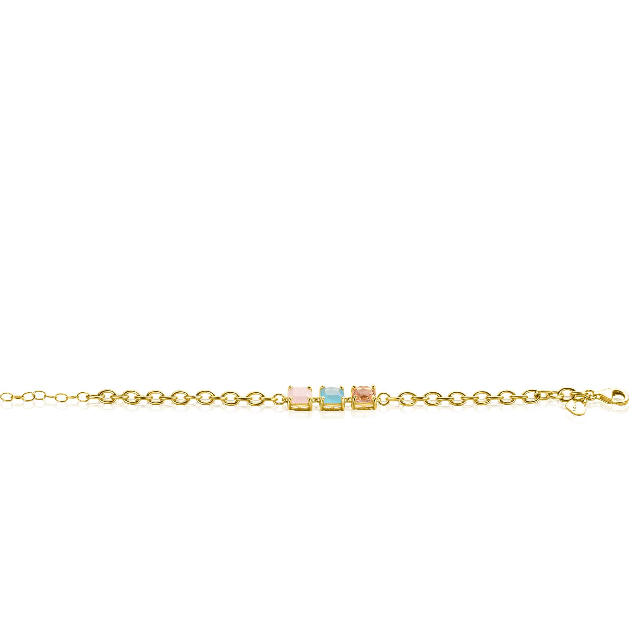 ZINZI gold plated zilveren schakel armband met drie vierkante zettingen bezet met roze en turquoise kleurstenen 17-20cm ZIA2454