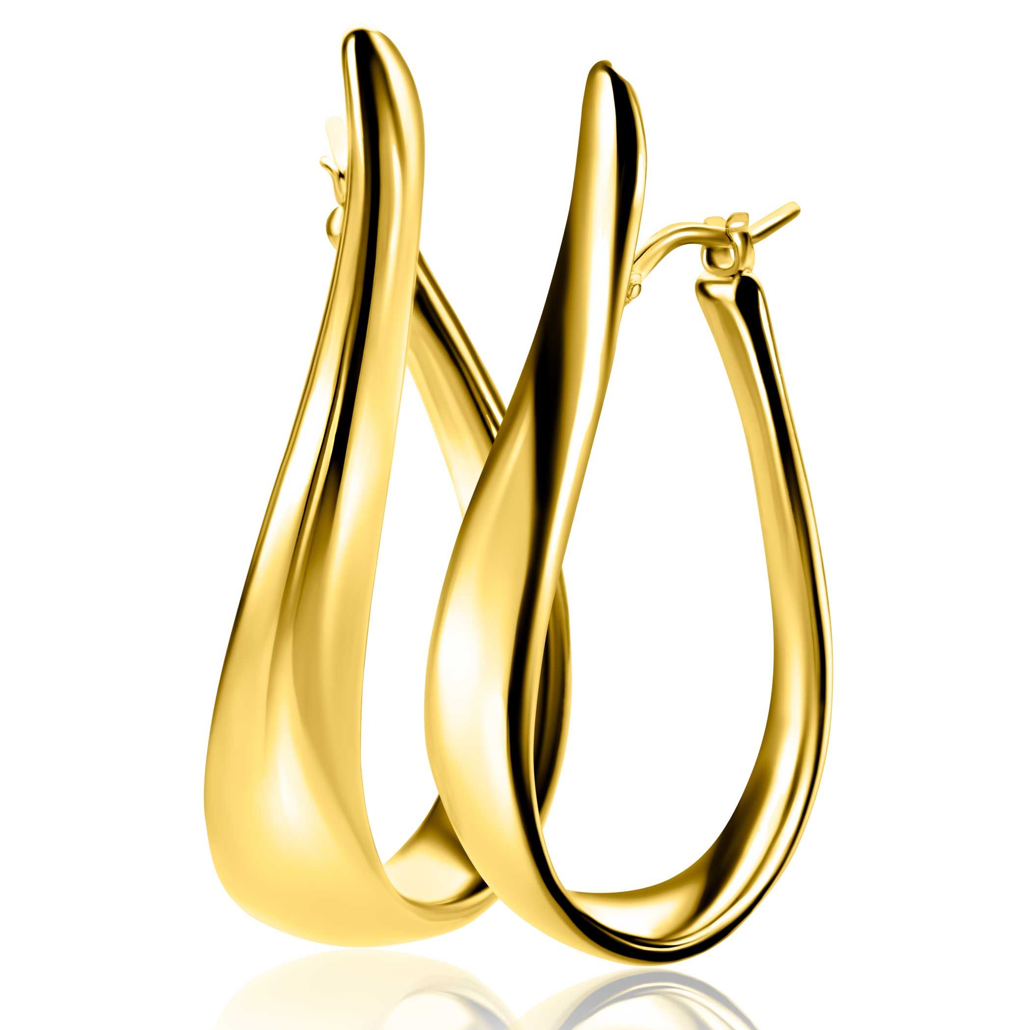 49mm ZINZI gold plated zilveren grote oorringen in organische vorm met een speelse twist en handige bovensluiting ZIO2675G