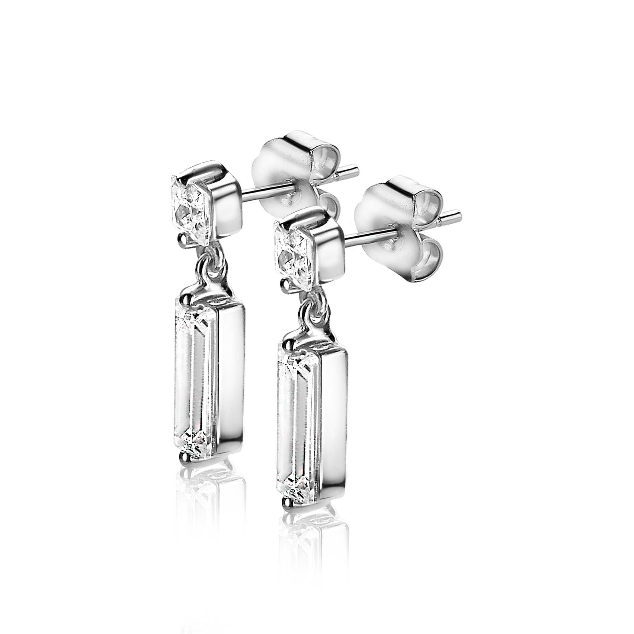 ZINZI zilveren oorsieraden 15mm baguette rechthoek vierkant wit ZIO2056