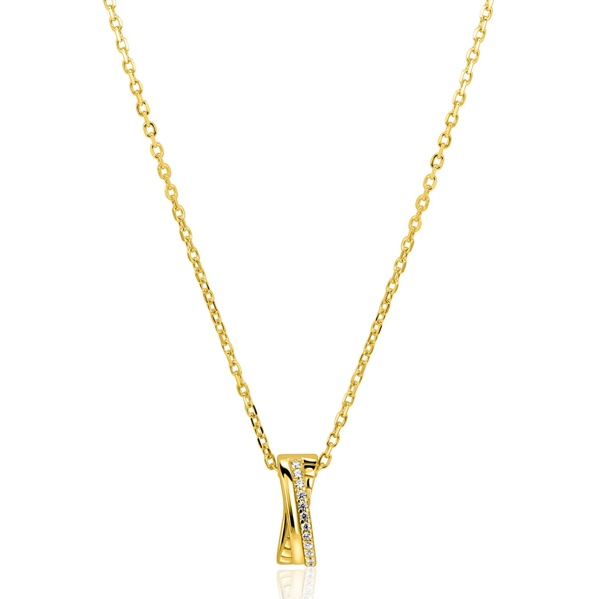 ZINZI gold plated zilveren ketting 45cm met luxe cross-over hanger (16mm) bezet met witte zirkonia's ZIC2801