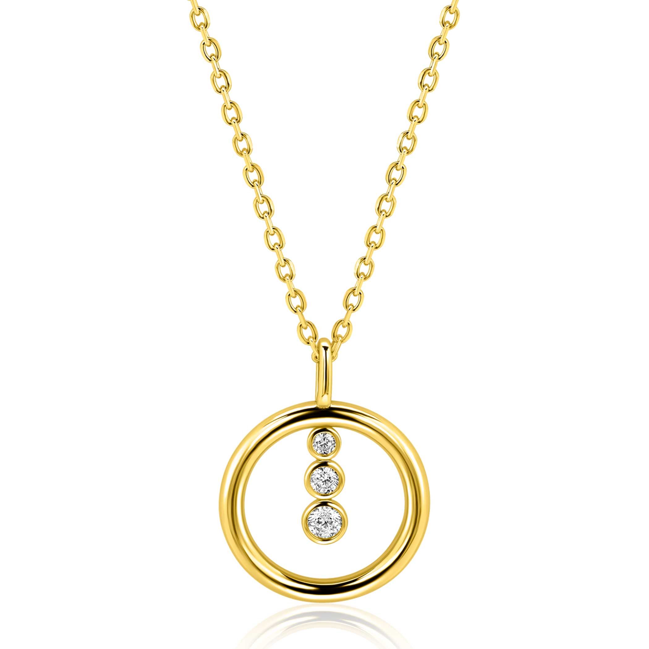 ZINZI gold plated zilveren ketting 45cm met ronde hanger en drie fonkelende witte zirkonia's ZIC2820Y