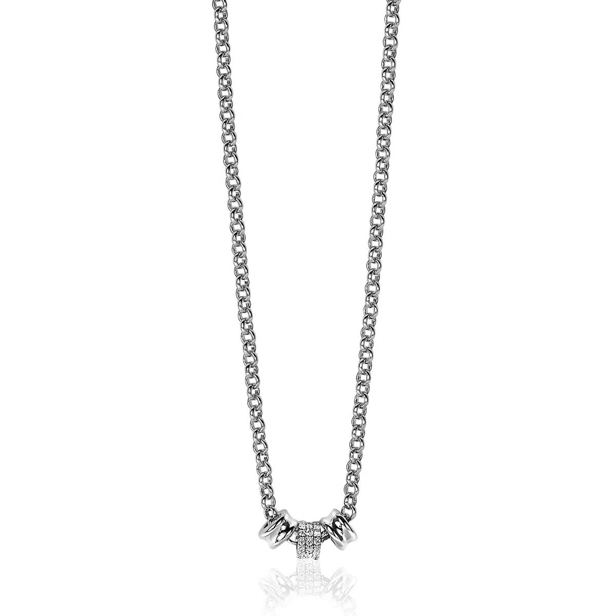 Mart Visser by ZINZI zilveren ketting 45cm met 3 ronde schakels, waarvan middelste volbezet is met witte zirconia's  MVC23
