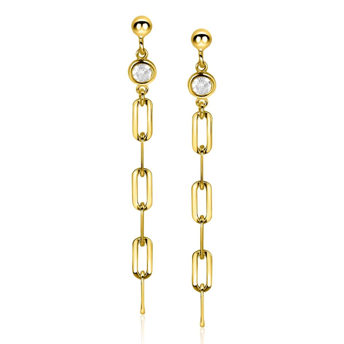 ZINZI gold plated zilveren oorstekers lange paperclip ketting 58mm witte zirconia ZIO2363Y