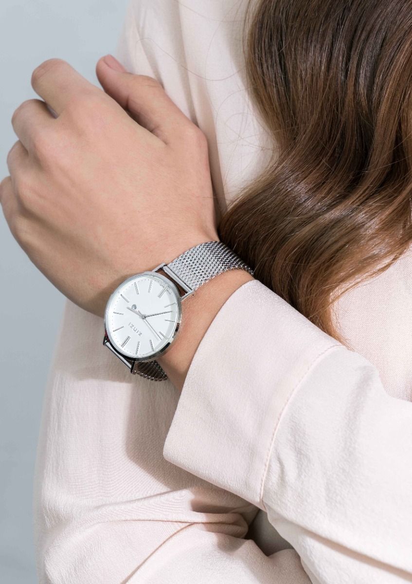 Zinzi Retro horloge witte wijzerplaat stalen kast zilvergekleurd stalen mesh band zilvergekleurd 38mm extra dun ZIW406M
