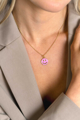 ZINZI gold plated zilveren hanger smiley rond 15mm met roze emaille ZIH2312R