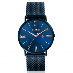 ZINZI Roman horloge blauwgekleurde wijzerplaat en kast met rosé wijzers blauwe stalen mesh band 34mm extra dun ZIW514M