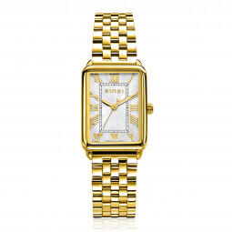 ZINZI Elegance bicolor horloge witte wijzerplaat en rechthoekige goudkleurige  kast en geel vergulde stalen schakelband 28mm extra dun ZIW1907GB