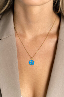 ZINZI gold plated zilveren hanger smiley rond 15mm met blauw emaille ZIH2312B