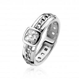 ZINZI zilveren multi-look ring met gourmet schakel als binnenring en vierkante topzetting bezet met witte zirconia ZIR1372