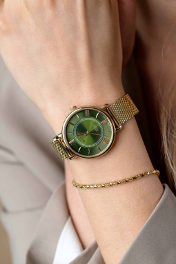 ZINZI Twenty horloge met groene wijzerplaat, geelgoudkleurige stalen kast 34mm en stalen meshband ZIW2054