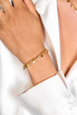 ZINZI gold plated zilveren gourmet armband met bungelende ronde gladde plaatjes en witte zirconia's 17-20 cm ZIA2349Y