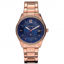 ZINZI horloge donkerblauwe wijzerplaat stalen band roségoudkleurig wit ZIW307