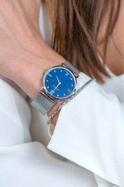 ZINZI Roman horloge donkerblauwe parelmoer wijzerplaat, witte zirconia's bij uuraanduiding, stalen mesh band 34mm extra dun ZIW546M

