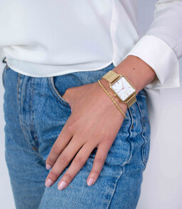 ZINZI Vintage Retro horloge witte wijzerplaat en rechthoekige kast, geelgoudkleurige stalen mesh band 34mm extra dun ZIW907M