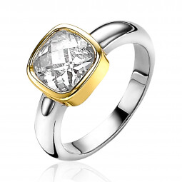 ZINZI zilveren ring met vierkante 14K geelvergulde zetting, bezet met witte zirconia ZIR190Y