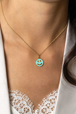 ZINZI gold plated zilveren hanger smiley rond 15mm met turquoise emaille ZIH2312T