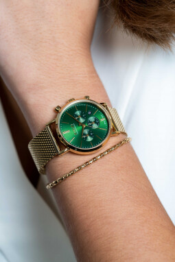 ZINZI horloge CHRONOGRAPH 34mm groene wijzerplaat met datum en chronometers, geelgoudkleurige stalen kast, geelgoudkleurige stalen mesh band 18mm ZIW1535
