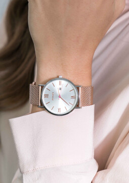 ZINZI Roman horloge zilver gekleurde wijzerplaat en kast met rosé wijzers en roségoudkleurige stalen mesh band 34mm extra dun ZIW512MR