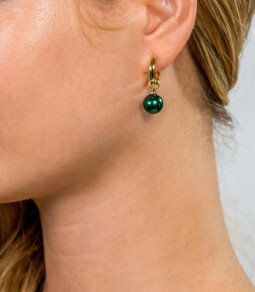 ZINZI zilveren oorbedels geel verguld parel rond groen 10mm ZICH266GG. (zonder oorringen).