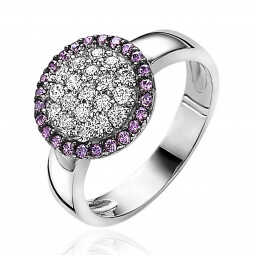 ZINZI zilveren ring met ronde zetting bezet met paarse en witte zirconia's ZIR886
