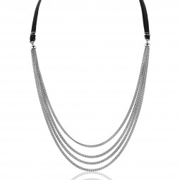 ZINZI zilveren choker 39cm met zwart leer 3mm en 4 multi-look gourmet kettinkjes ZIC1438