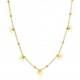 ZINZI gold plated zilveren ankerketting met kleine bolletjes en vijf gladde hartjes 42-45cm ZIC2531G