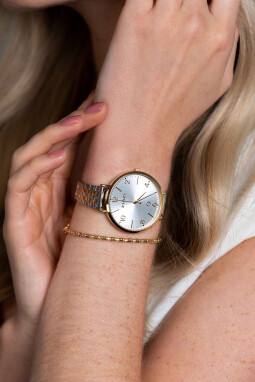 ZINZI horloge SOPHIE zilverkleurige wijzerplaat met datum, goudkleurige kast 38mm, stalen bicolor band 14mm ZIW1433SB

