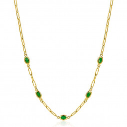 ZINZI gold plated zilveren ketting met paperclip schakels, bezet met 5 ovale groene kleurstenen 42-45 cm ZIC1939
