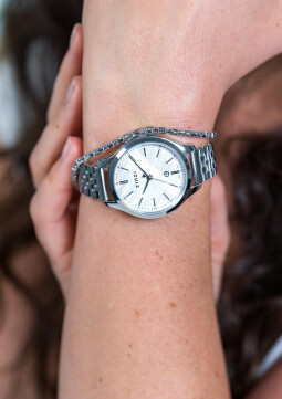 ZINZI Classy horloge 34mm witte parelmoer wijzerplaat stalen kast en band datum ziw1017
