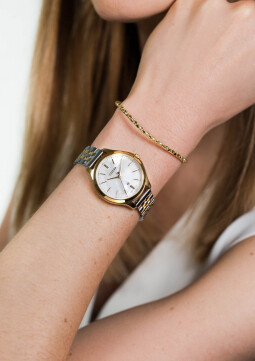 ZINZI Classy horloge 34mm wit parelmoer wijzerplaat goudkleurige stalen kast en bicolor band, datum ziw1034
