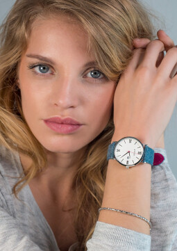Zinzi Retro horloge witte wijzerplaat stalen kast leren band denimblauw 38mm extra dun ZIW406D