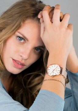 ZINZI Retro horloge witte wijzerplaat stalen kast roségoudgekleurd stalen mesh band roségoudgekleurd 38mm extra dun ZIW408M