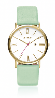 ZINZI Roman horloge 34mm witte wijzerplaat geelgoudkleurig stalen kast en mintgroene leren band ZIW507MG