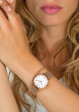 ZINZI Lady horloge witte wijzerplaat stalen kast roségoudkleurig stalen mesh band roségoudkleurig 28mm extra dun ZIW608M