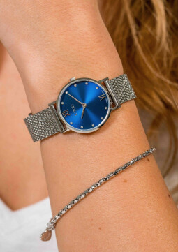 ZINZI Lady Crystal horloge donkerblauwe wijzerplaat en kast stalen mesh band, witte crystals bij uuraanduiding, 28mm extra dun ZIW630M
