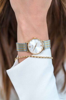 ZINZI Lady Crystal horloge zilvergekleurde wijzerplaat, geelgoudkleurige kast en bicolor stalen mesh band, witte crystals bij uuraanduiding, 28mm extra dun ZIW633MB