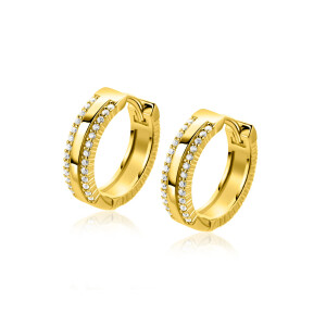 16mm ZINZI goldplated zilveren luxe oorringen met klapsluiting, bezet met witte zirconia's ZIO2445Y