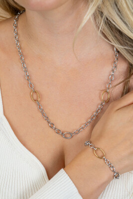 ZINZI bicolor zilveren schakelketting 70cm met drie ovale goldplated schakels ZIC2785