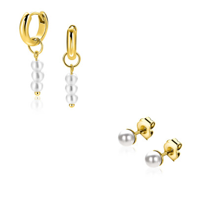 Giftset: Twee paar goldplated zilveren oorsieraden met witte parels, perfect op elkaar afgestemd in één stijlvolle set (ZICH2734Y,ZIO194G en ZIO1318Y) GIFTSET17