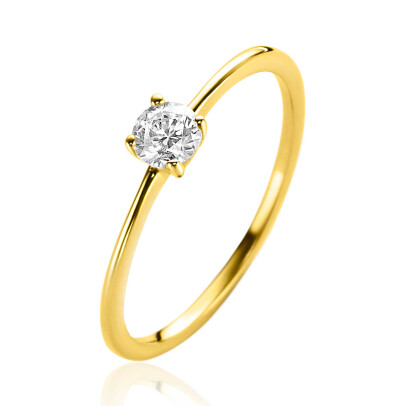 ZINZI Gold 14 krt gouden ring bezet met een ronde witte zirconia in vierpootszetting (4mm) ZGR385
