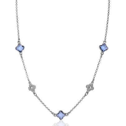 ZINZI zilveren schakel ketting met twee zilveren en drie blauwe klavers 40-45cm ZIC2582
