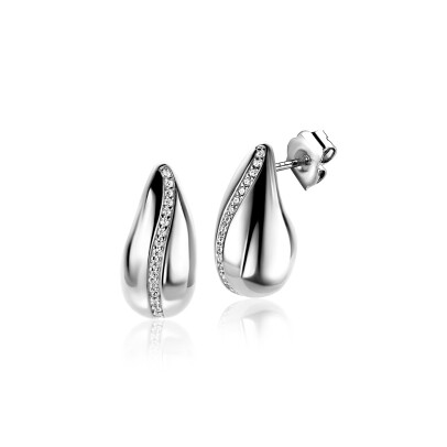 17mm ZINZI zilveren oorstekers in druppelvorm met golvende rij witte zirkonia's ZIO2707