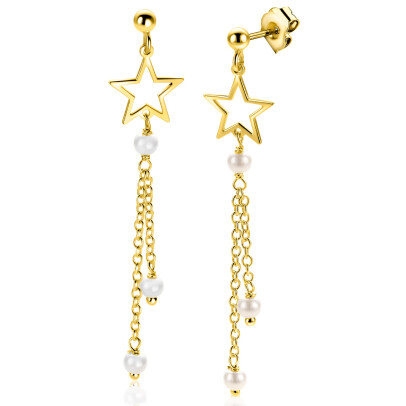 53mm ZINZI goldplated zilveren oorstekers met opengewerkte ster, hangende kettinkjes en witte parels ZIO2780