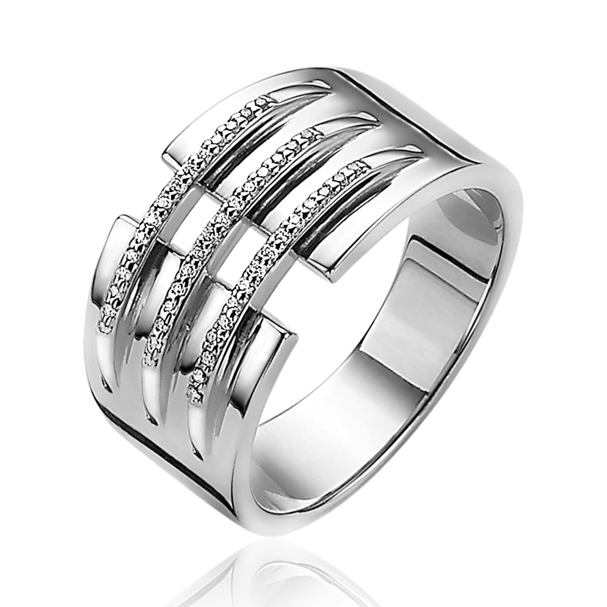 Mart Visser by ZINZI zilveren ring 11mm breed met drie banen bezet met witte zirconia's MVR18