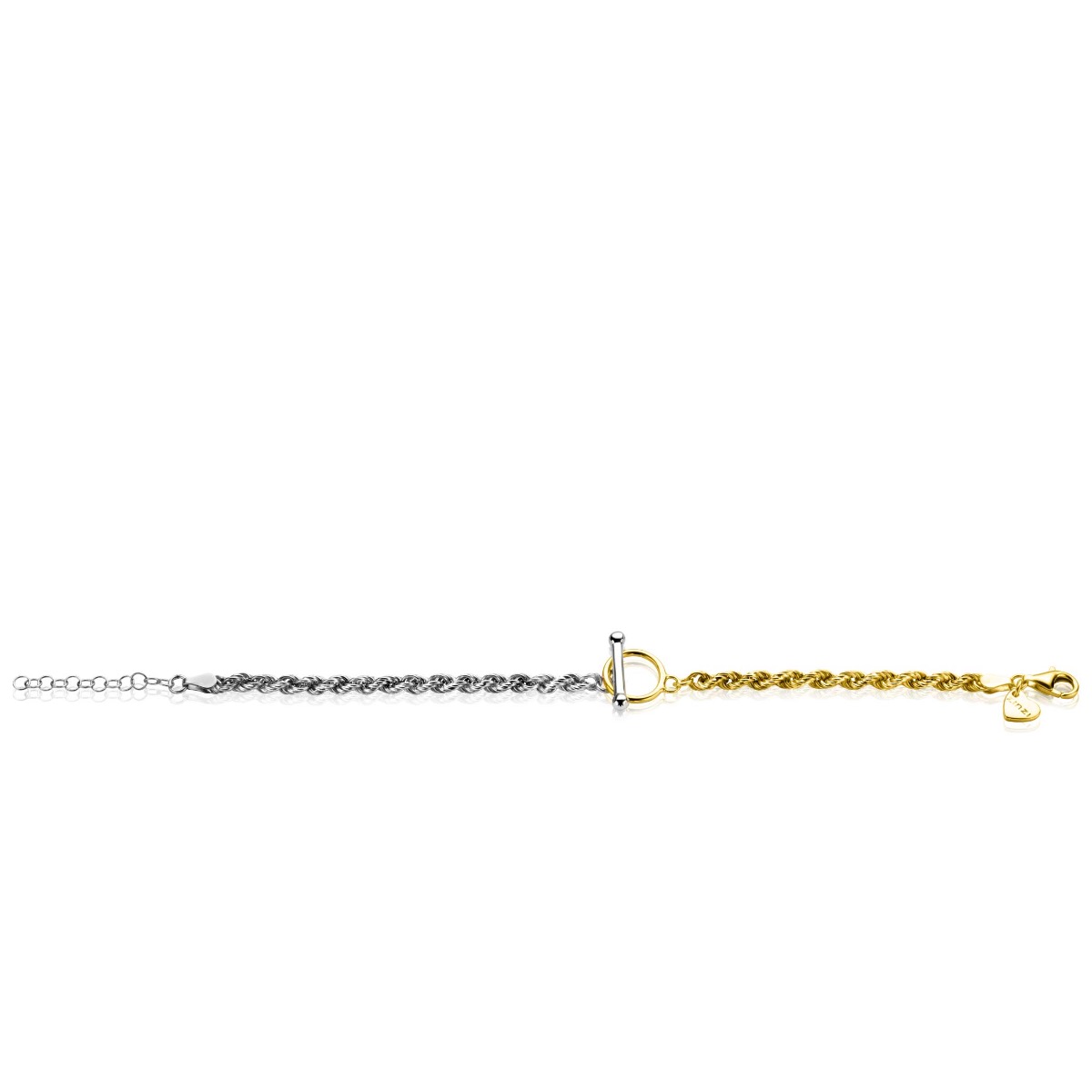ZINZI gold plated zilveren armband met 3,7mm brede koord schakel bicolor en trendy kapittel sluiting 17,5-21cm ZIA2288